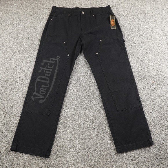 NEW Von Dutch Pants Mens 34X30 Black Double Knee Canvas Carpenter Workwear Y2K